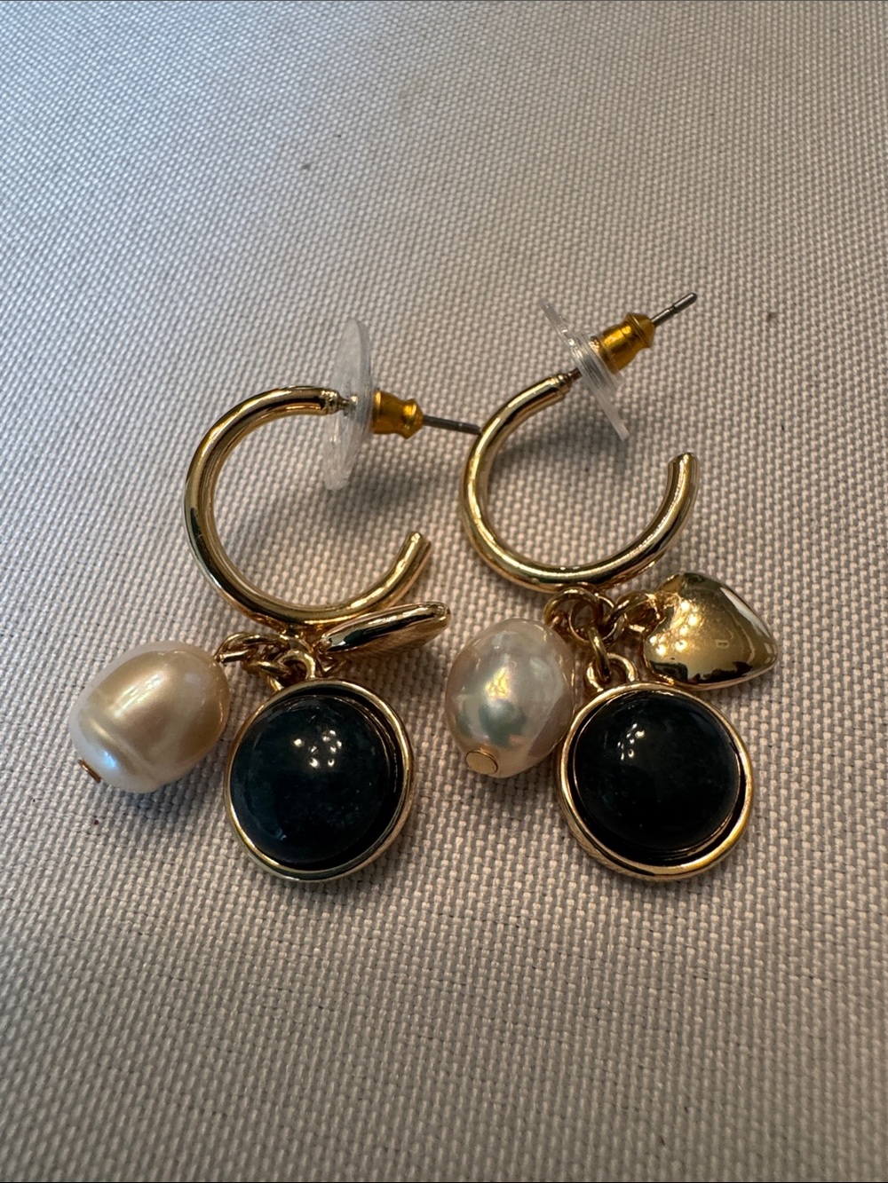 Loft Gold Hoop Earrings with Teal Green Stone & Pearl Charms